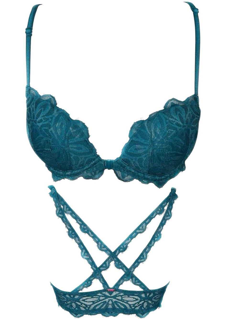 Victoria's Secret PINK Dark Teal Green & Gold Foil Lace Date Racerback Bra 32C